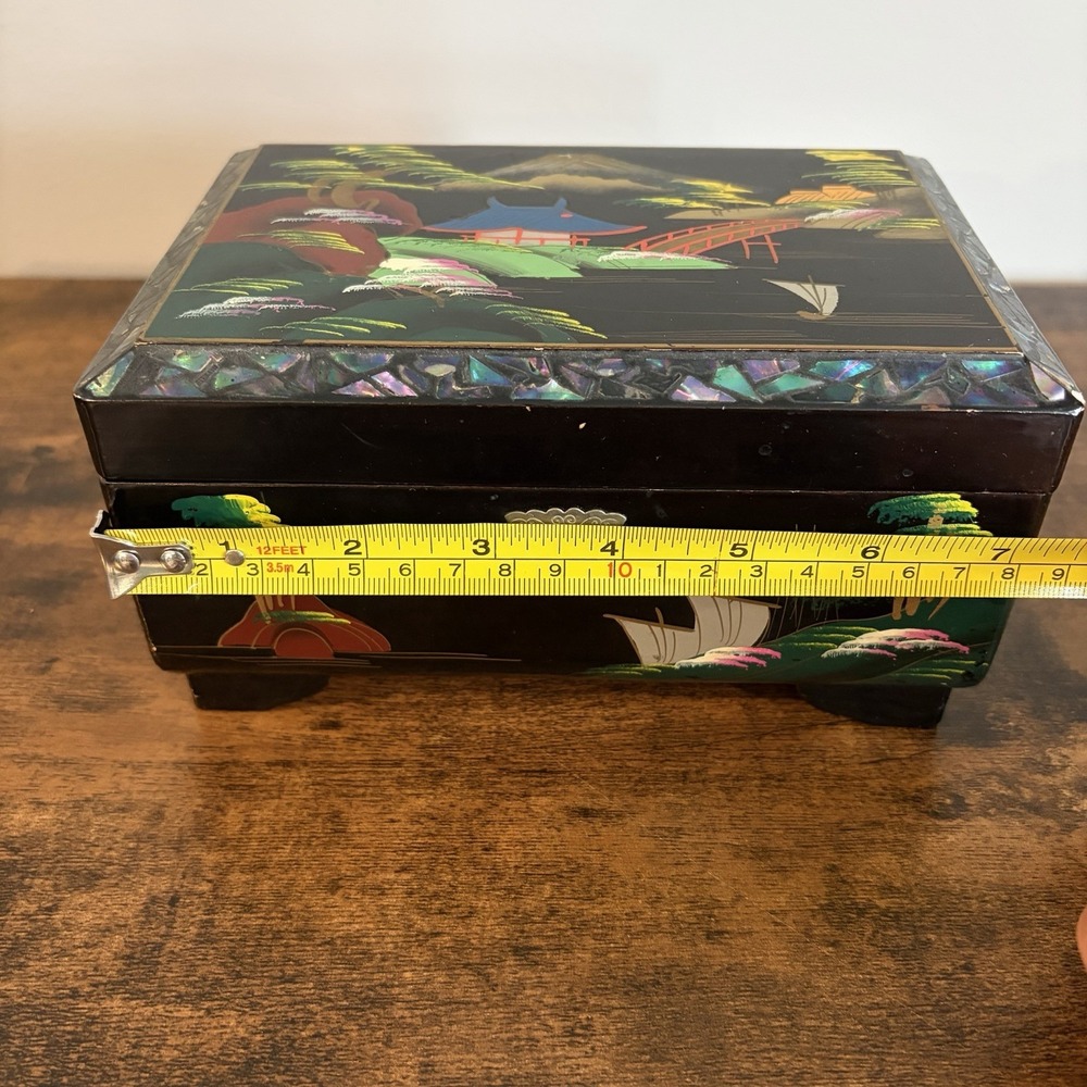 Japanese Black Lacquer Abalone Inlay Mt. Fuji Scenic Music Jewelry Box Vintage - Picture 12 of 12